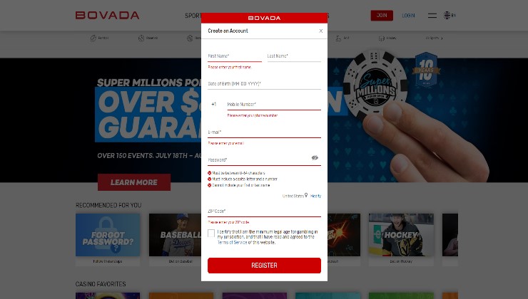 The registration form at the Bovada casino