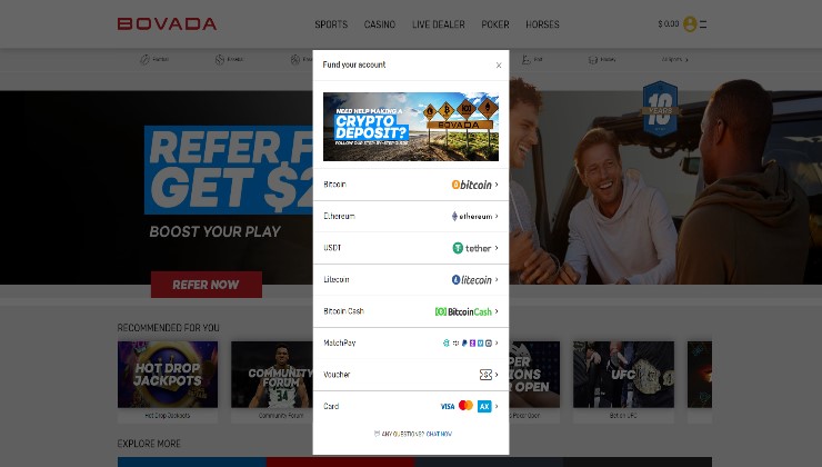 The selection of cryptocurrencies supported at Bovada