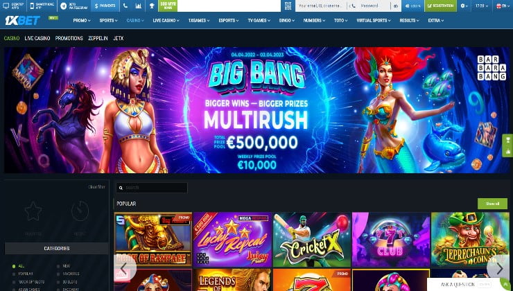 The homepage of the 1xBet online casino