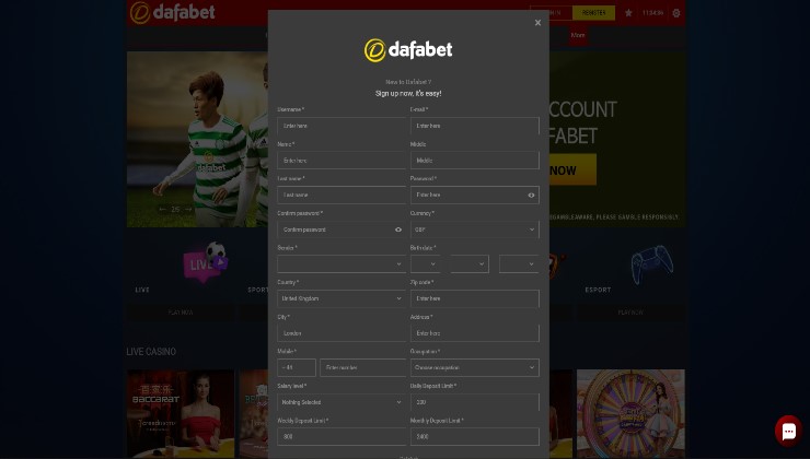 Registering for an account at the Dafabet online e-wallet casino