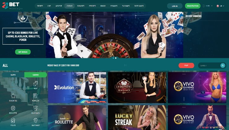 22Bet live dealer casino Philippines