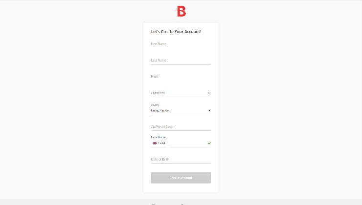 Signing up form at BetOnline