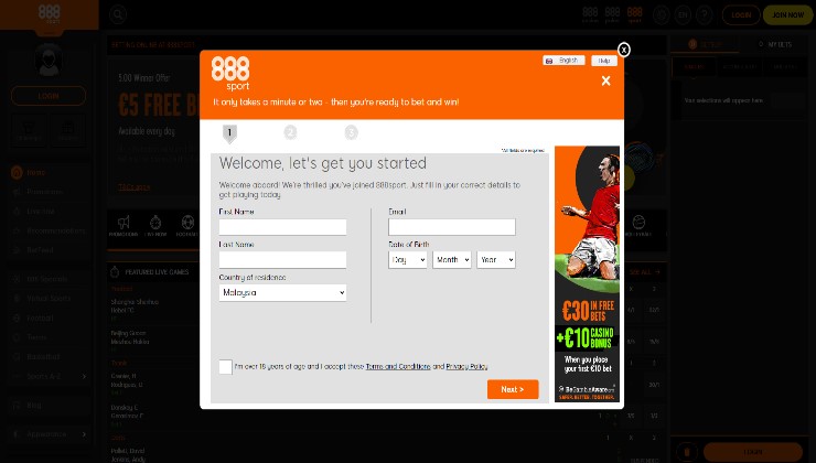 888 Sport Account sign-up