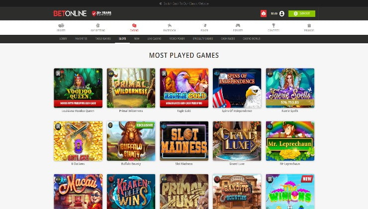 The slot game lobby BetOnline