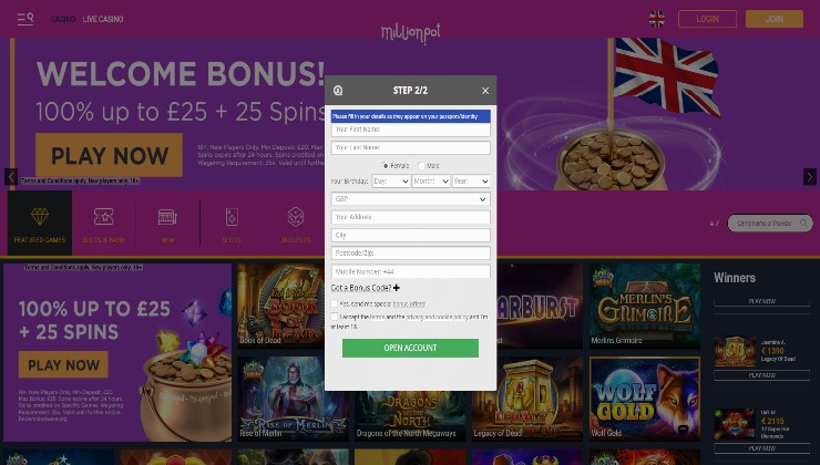 Millionpot Casino opening account