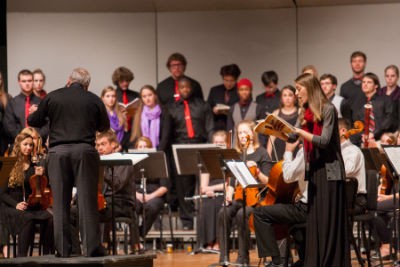 Eastern Mennonite University's annual gala concert, a fundraiser for the music scholarship fund, will unite the university's musical ensembles on Nov. 14 at 7 p.m. in Lehman Auditorium. (Photo of the 2014 concert by Michael Sheeler) 
