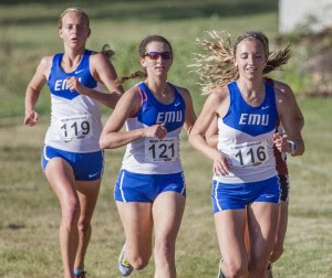 Hannah Chappell-Dick, with teammates Jolee Paden (121) and Kat Lehman (119) competes in the ODAC preview meet earlier this season. (Photo by Scott Eyre)