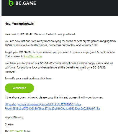 BC Game bonus code - Verify Email