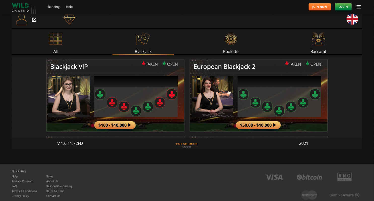 Best Live Blackjack Online Wild Casino