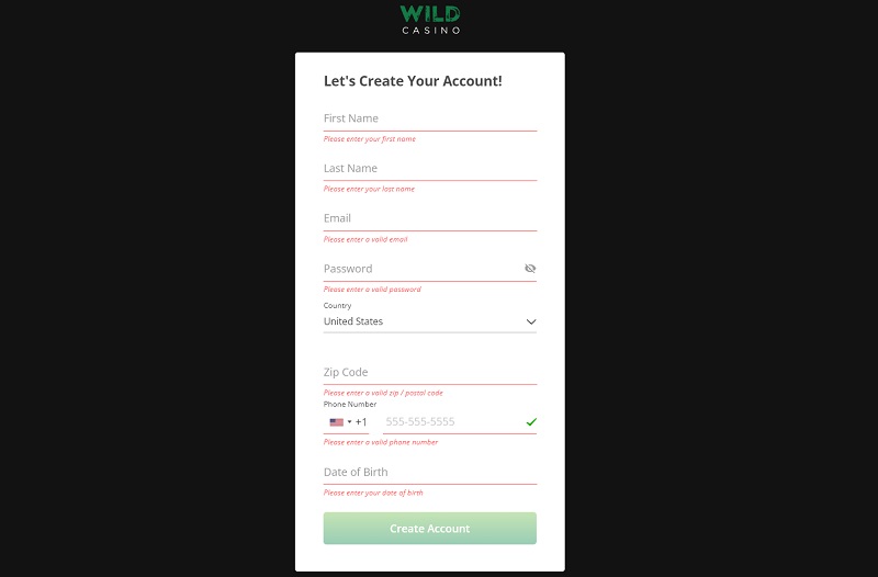 Wild Casino Sign Up Form