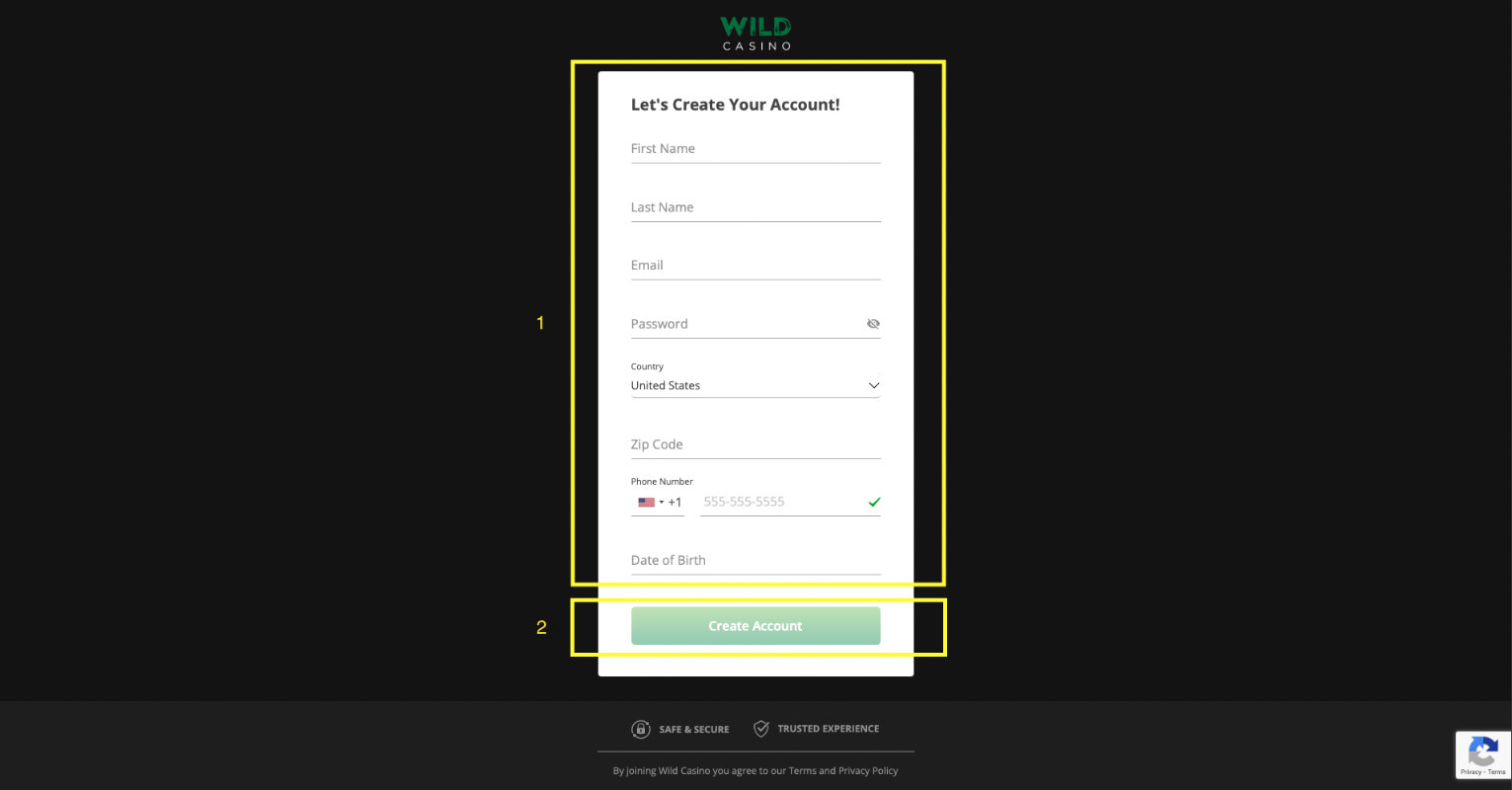 Wild Casino Registration Step 2