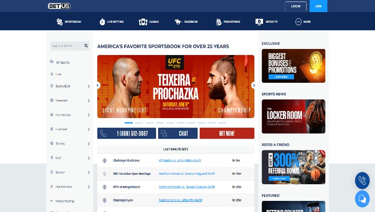 The sportsbook section of the BetUS online platform