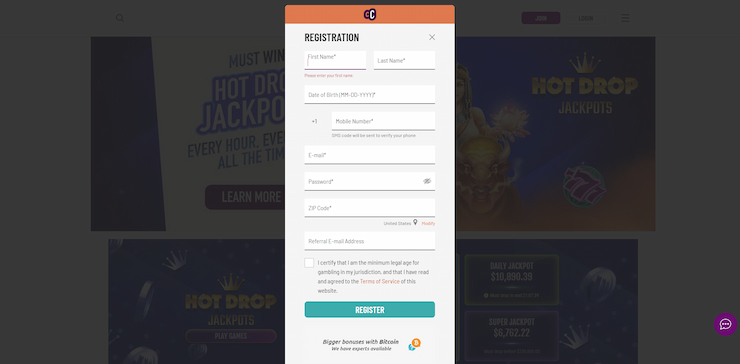 Cafe Casino Registration Form