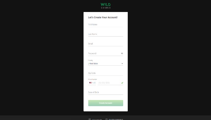 The registration form Wild Casino