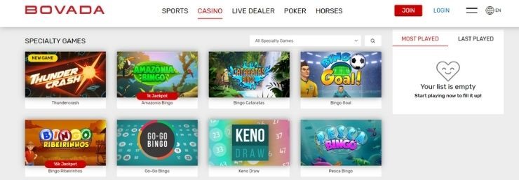 Bovada Online Casino specialty lottery-style games