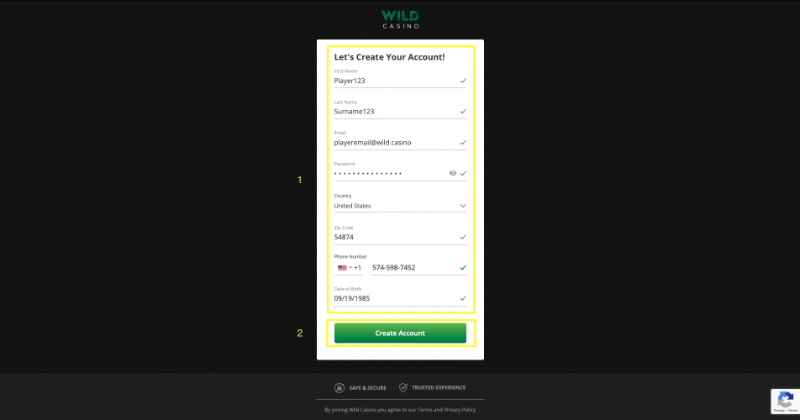 How to Register at Wild Casino Step 2