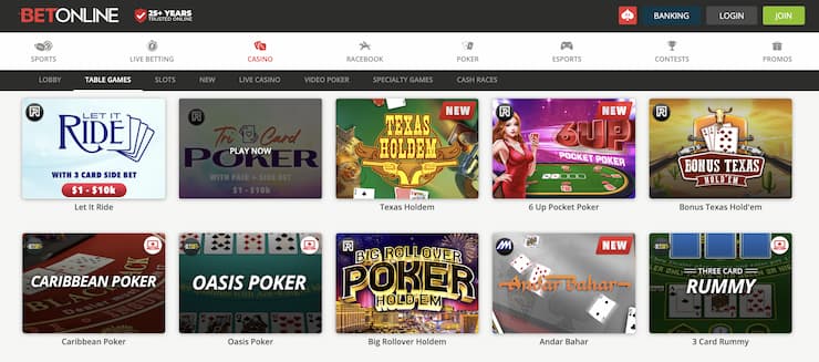 BetOnline Casino online poker selection