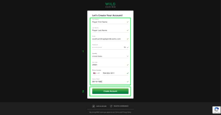 Register at Wild Casino Online Step 2