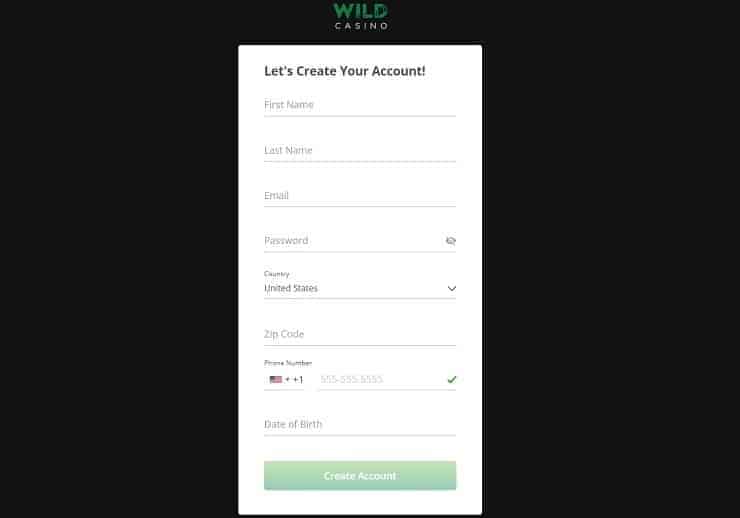 Wild Casino Sign Up Form