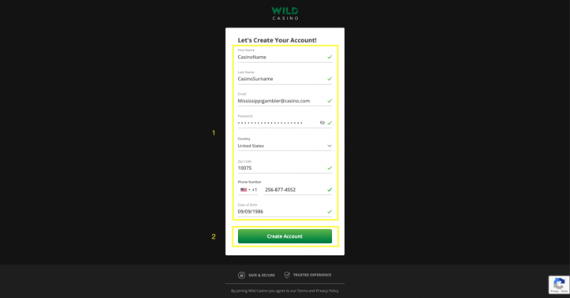 Wild Casino Registration Step 2
