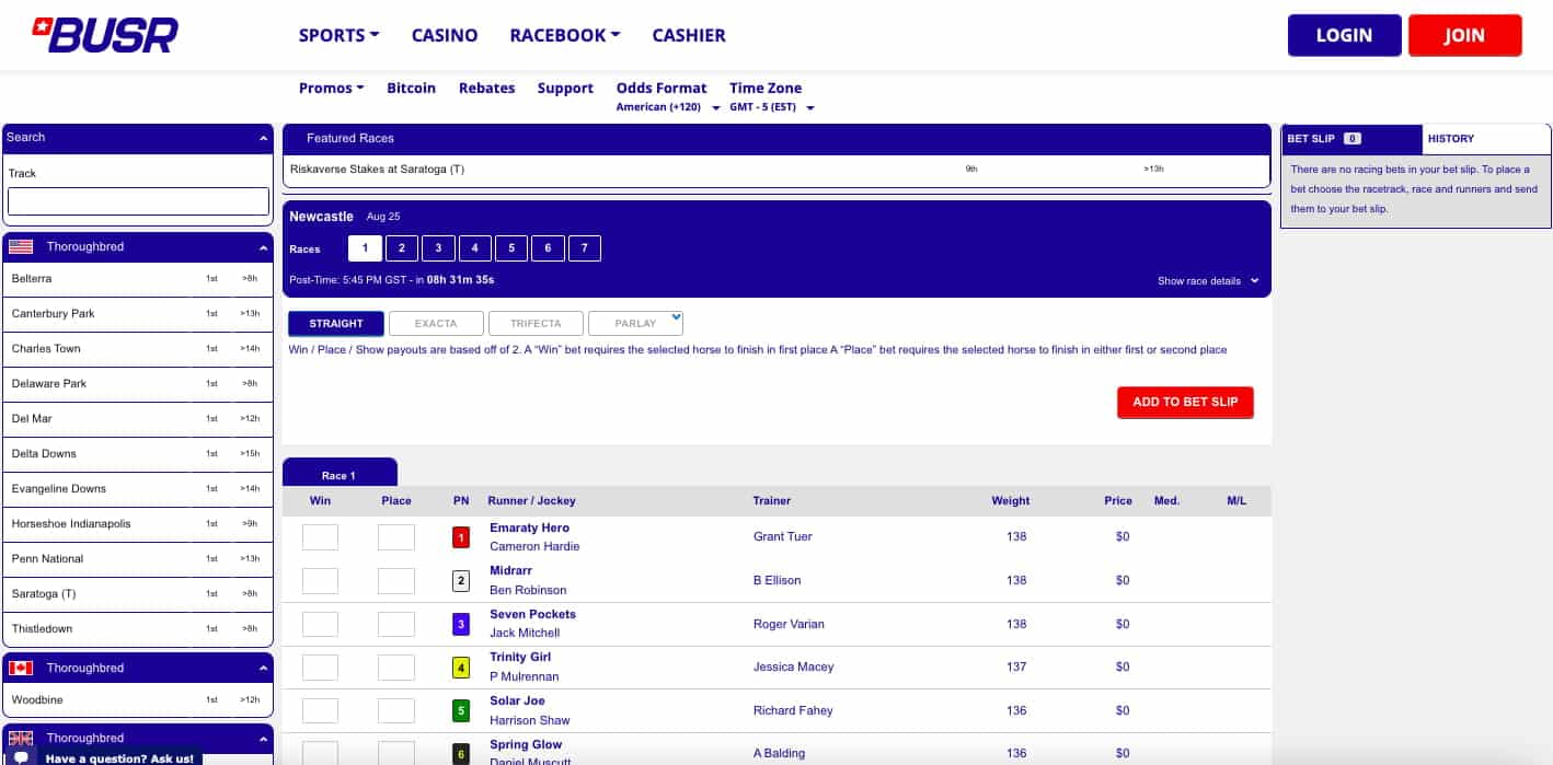 BUSR racebook Nevada lines