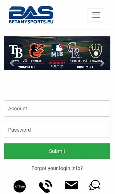 Betanysports mobie homepage