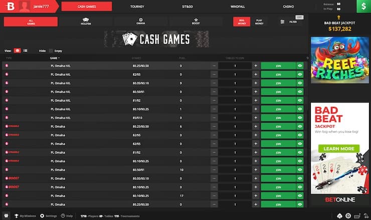 BetOnline Cash Game Lobby