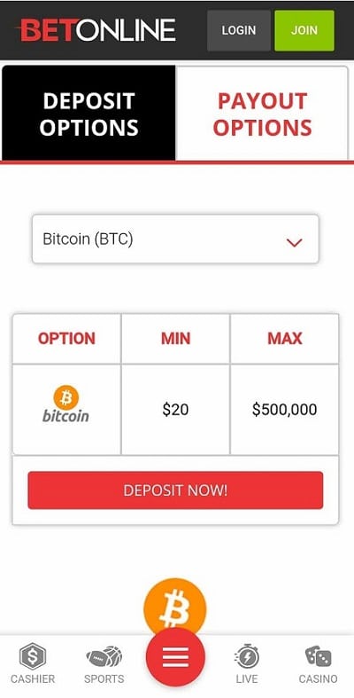 BetOnline mobile deposit screen