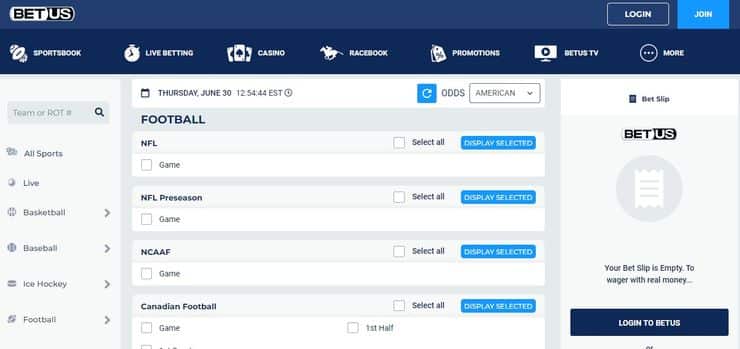 BetUS sports homepage