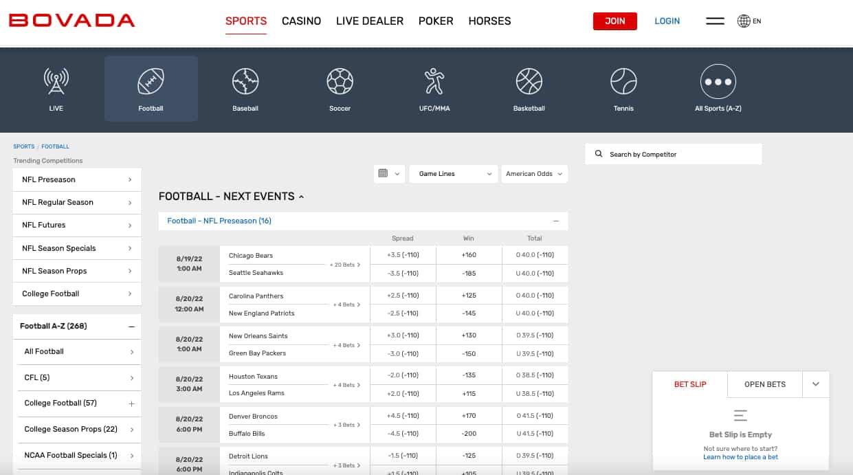 Bovada NFL betting markets MS