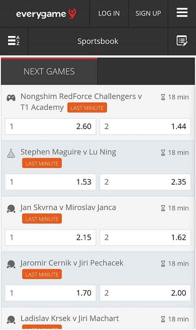 Everygame mobile sports betting homepage