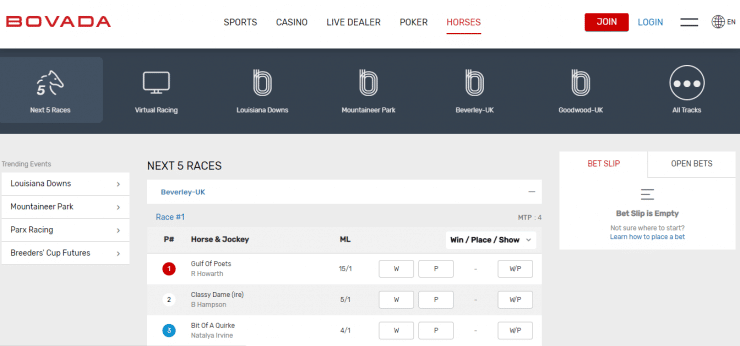 Bovada horse racing homepage