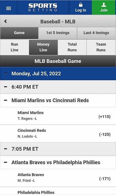 Sportsbetting mobile betting screen