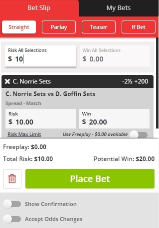 BetOnline bet slip for sports betting in Indiana
