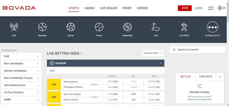 Bovada homepage for sports betting in Louisiana