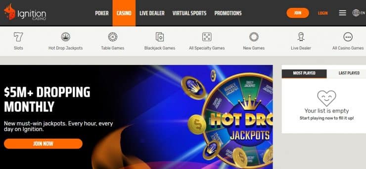 Ignition Casino homepage - one of the best online casinos in Costa Rica