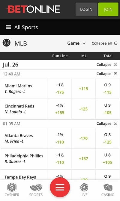 BetOnline MLB app markets