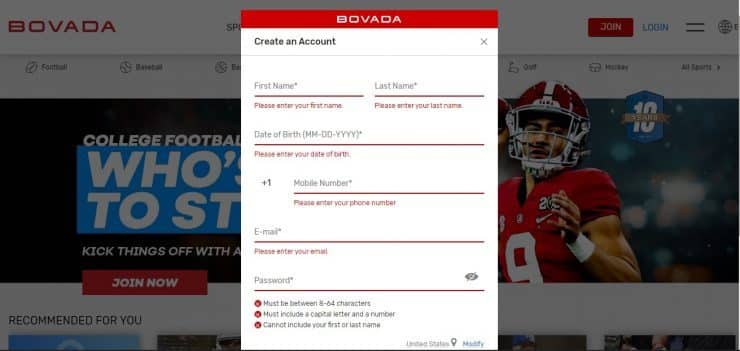 Bovada register screen