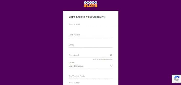 Super Slots sign up screen