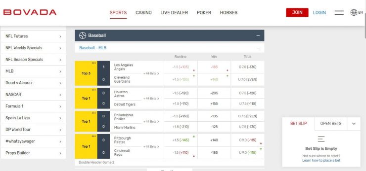 Bovada sportsbook screen for betting with crypto