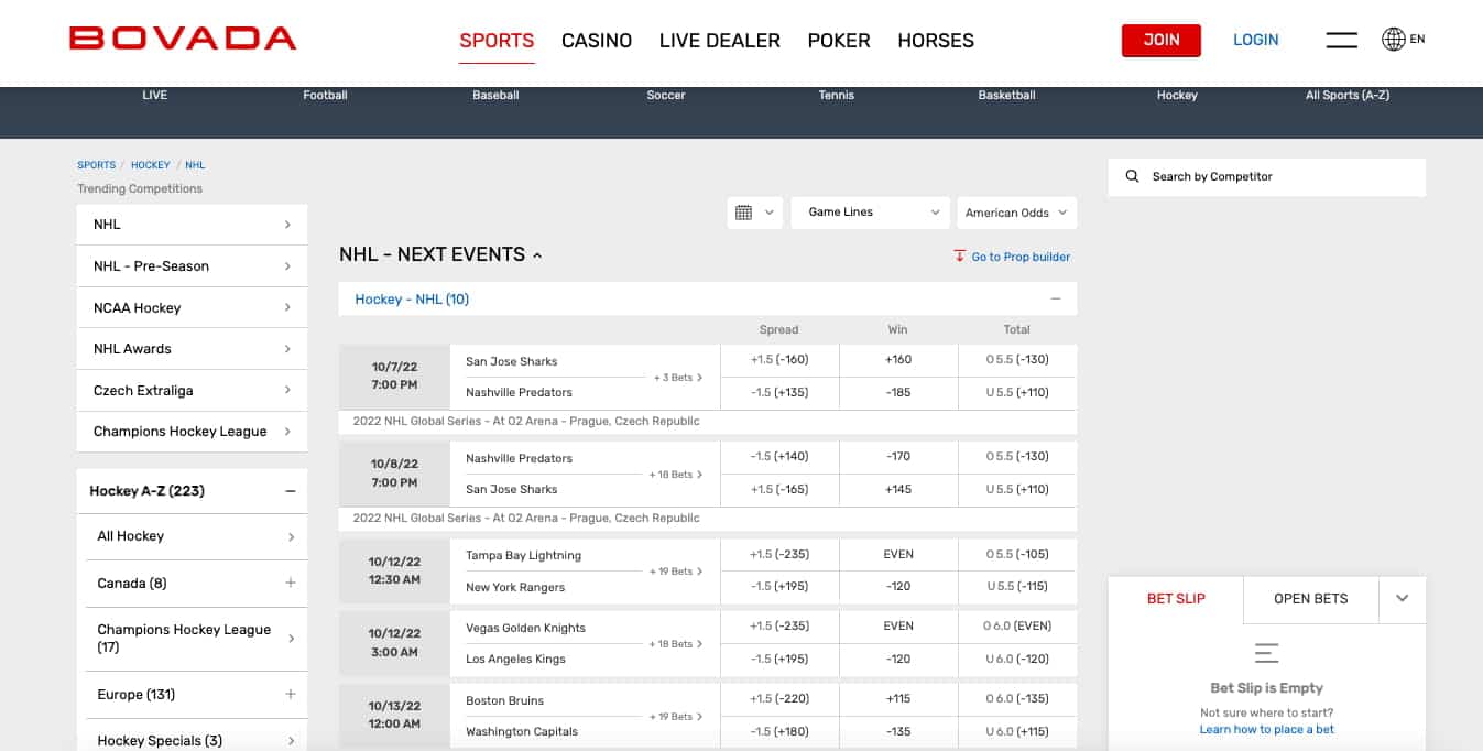 Bovada new betting sites NHL lines