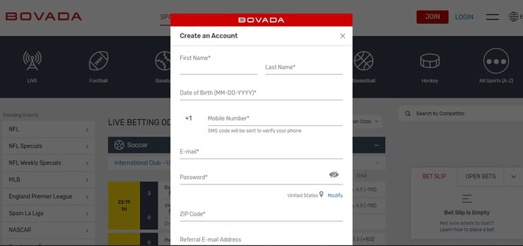 Bovada sign up screen for betting with crypto