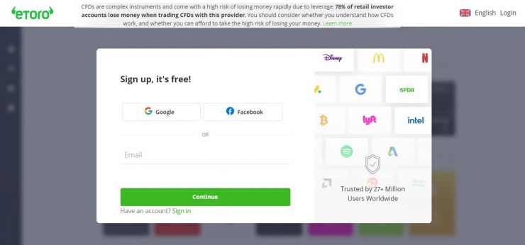eToro sign up screen