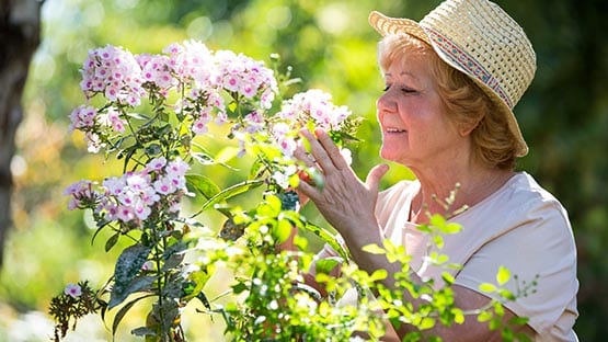 senior citizen smelling flowers in garden