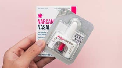 Narcan Nasal Spray on pink background