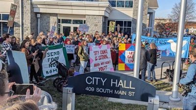 city hall mennonite action cease fire gaza