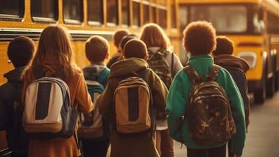 school bus student children backpack