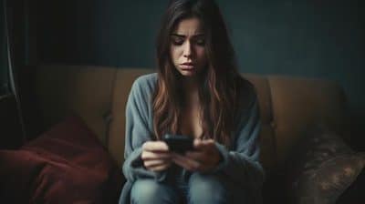 woman struggling on phone sad