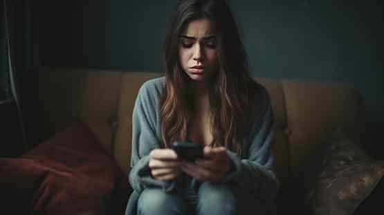woman struggling on phone sad