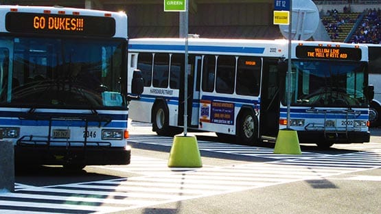 Harrisonburg public bus outside JMU football stadium